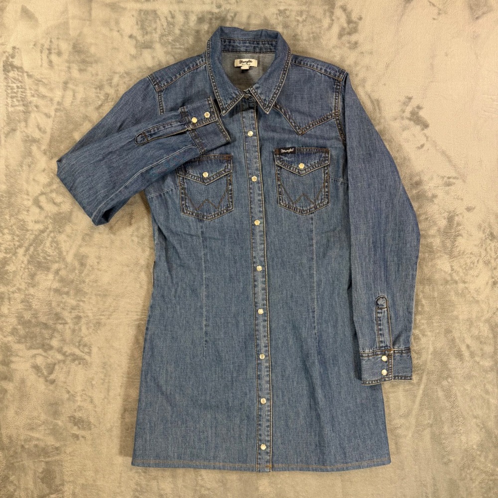 Wrangler Retro Western Denim Shirt‎ Dress Women's Size S | Small Blue Pearl Snap